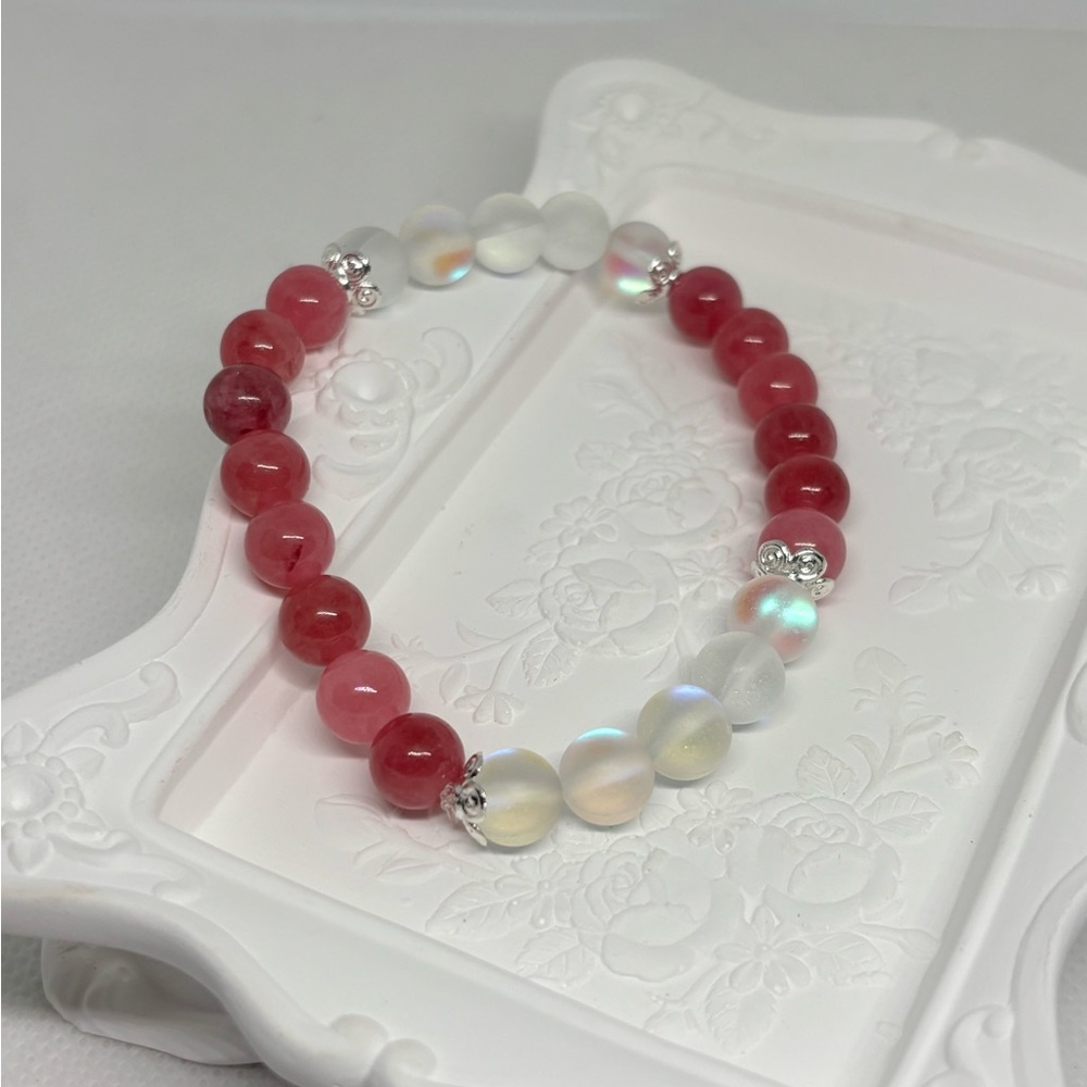 Strawberry Quartz and Aura Crystal One Love Bracelet